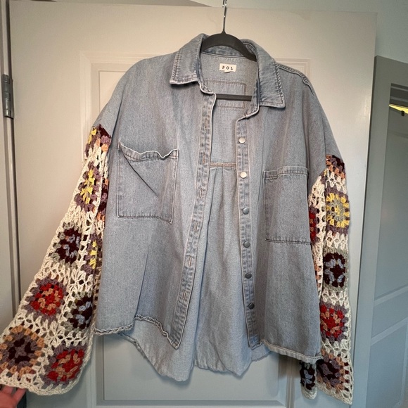 Boho Crochet Sleeve Denim Jacket - Picture 6 of 6